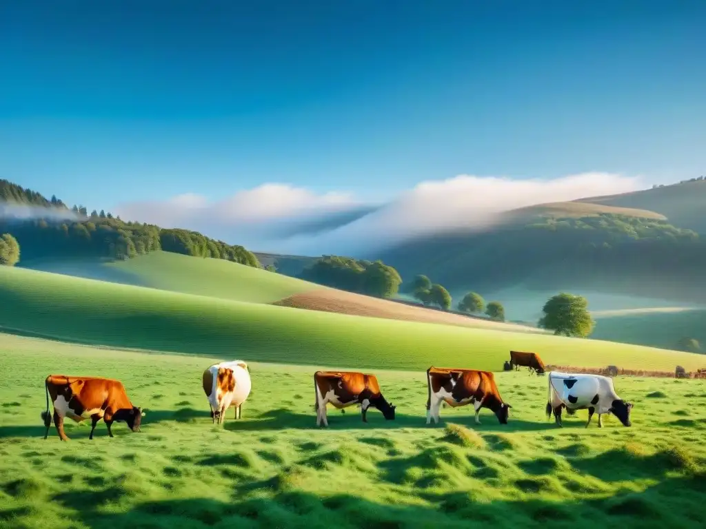 Campo verde vibrante con vacas pastando en paz, evocando la elección de carne asada ética y sostenible