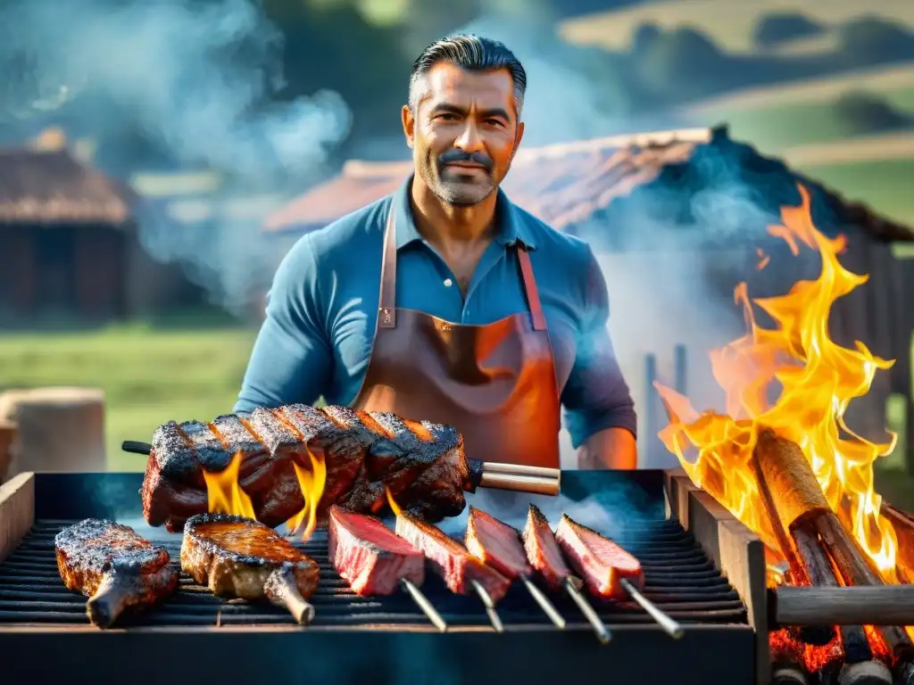 El guardián de la llama, Miguel, expertamente asando carne en un asado uruguayo, evocando la tradición del asado uruguayo vivo