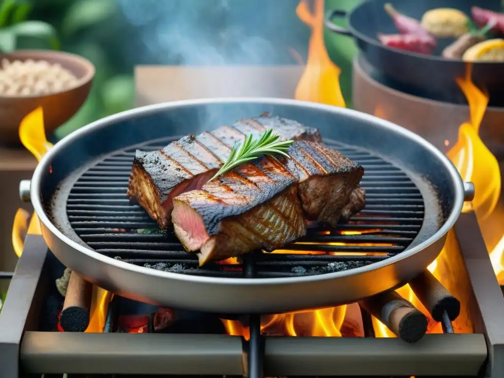 Carne exótica asada en parrilla rústica al aire libre, creando una experiencia gourmet única