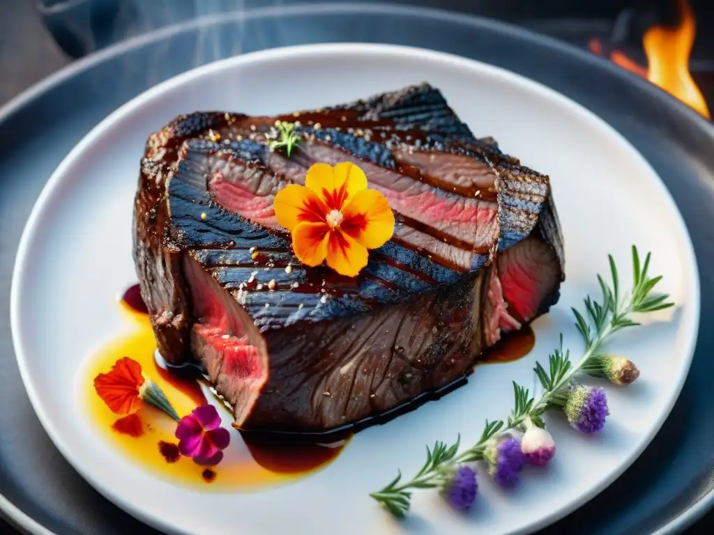 Carne exótica para asado gourmet: Wagyu steak jugoso en la parrilla con llamas danzantes y decorado elegante