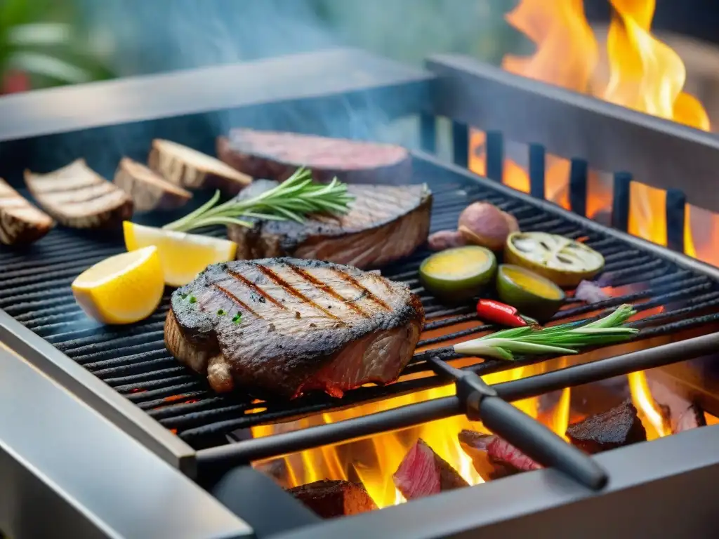 Carne exótica parrilla consejos: Grill con carnes exóticas cocinando a la perfección en un ambiente gourmet al aire libre