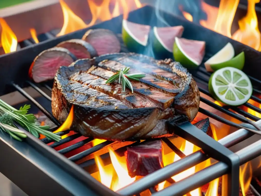 Carne exótica parrilla consejos: Grill de carnes exóticas con vegetales y hierbas, bajo una puesta de sol serena