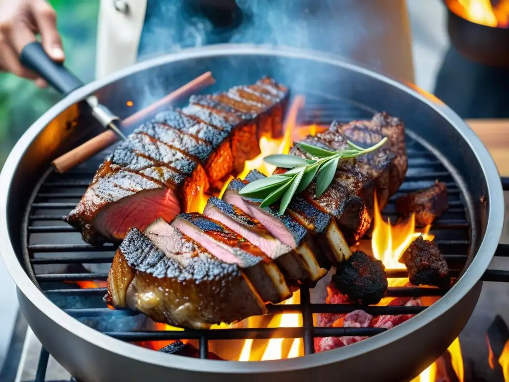 Carne exótica en parrilla, cocinando a la perfección con sabrosos condimentos y hierbas frescas