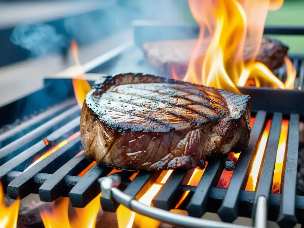 Carne en la parrilla, con llamas doradas creando un dorado perfecto