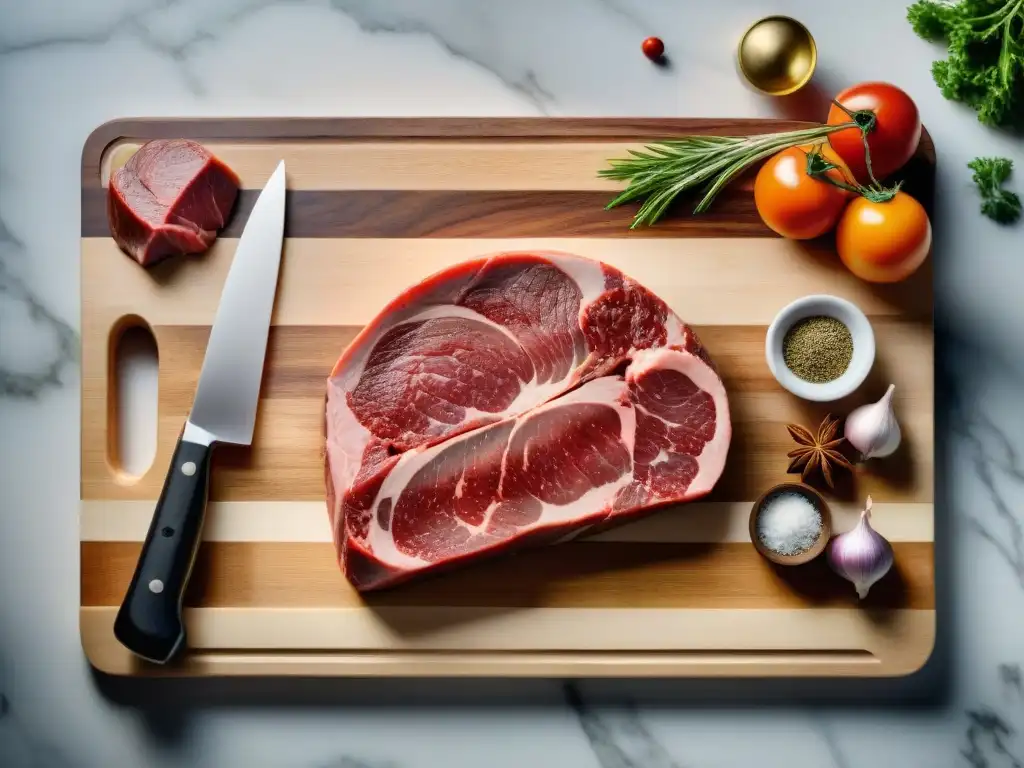 Un carnicero muestra cortes de carne menos grasos en una tabla de cortar de madera, rodeado de ingredientes frescos y coloridos