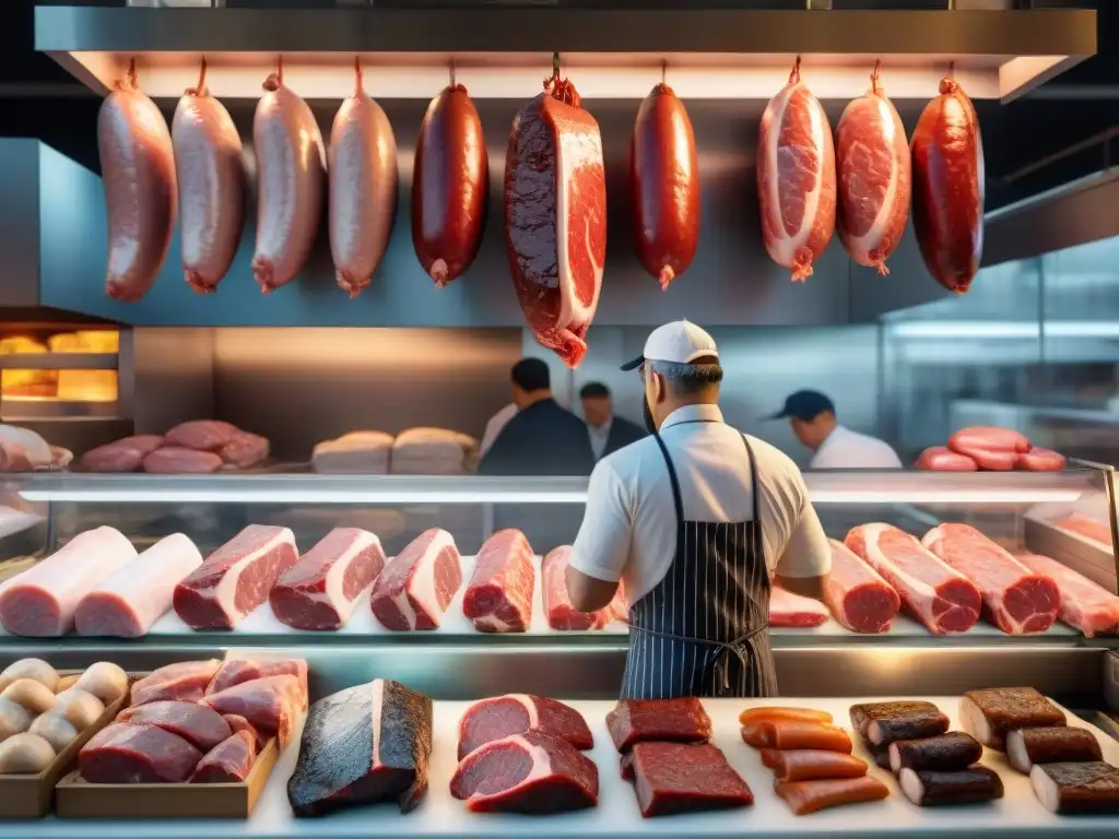 Un carnicero selecciona una pieza de carne en un mercado animado