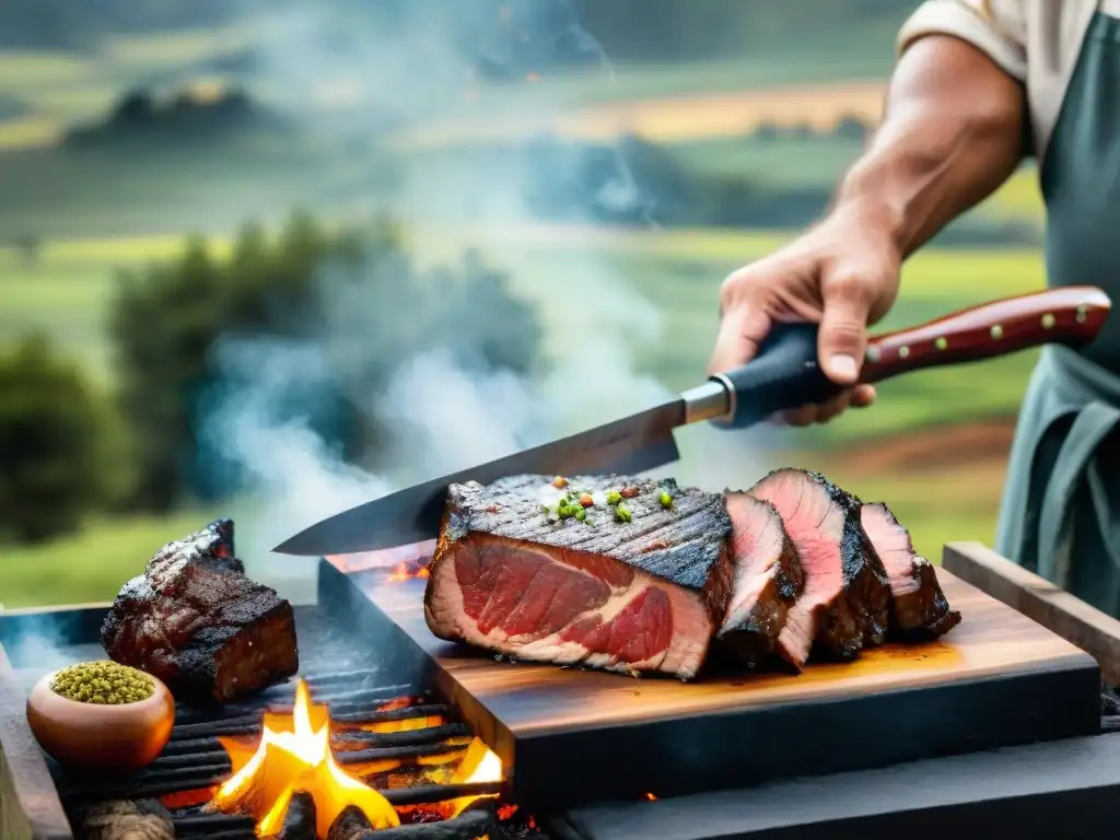 Un CarniceroChef experto en técnicas avanzadas de asado uruguayo corta con maestría un suculento asado, en una parrilla campestre