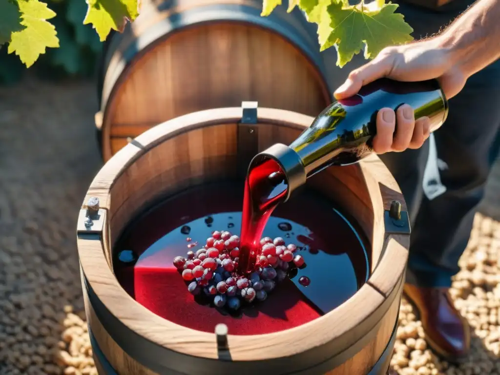 Elaboración vino casero paso a paso: Escena cautivadora de una prensa de madera rústica en acción, jugo de uva roja fluyendo a un barril