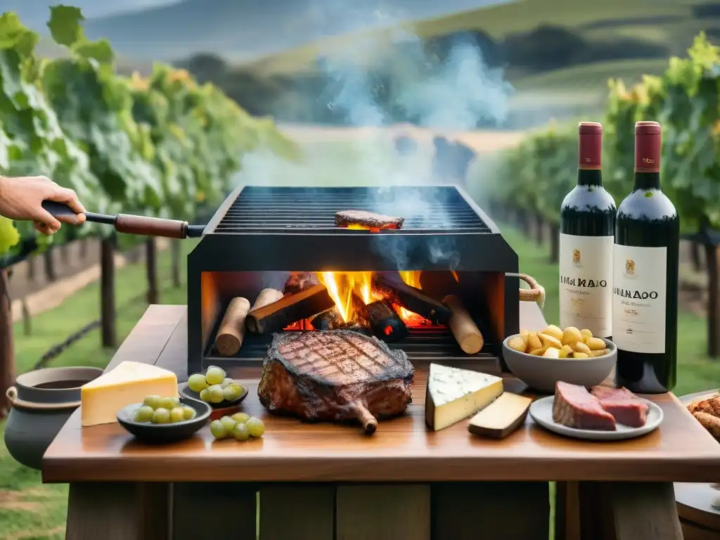 Cata de vinos en asado uruguayo: mesa rústica con vinos, quesos, carnes a la parrilla y amigos disfrutando al atardecer en viñedos