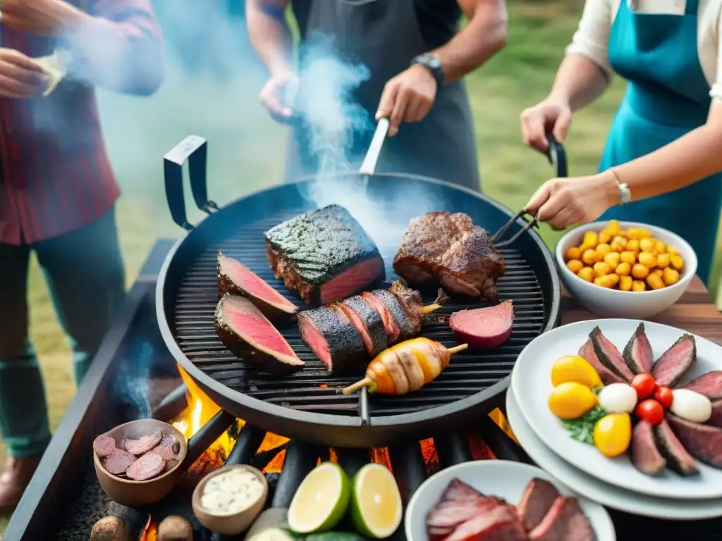 Celebración de asado argentino con amigos y familia alrededor de una parrilla, en una atmósfera festiva