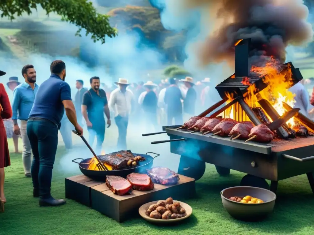 Celebración de un asado tradicional en Uruguay, con la comunidad disfrutando de la tradición culinaria y festiva