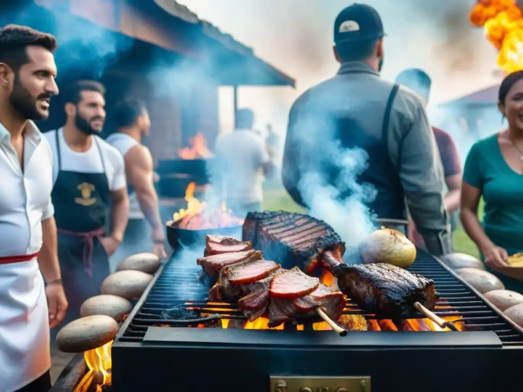 Celebración de un asado tradicional uruguayo con comunidad, música y deliciosa carne