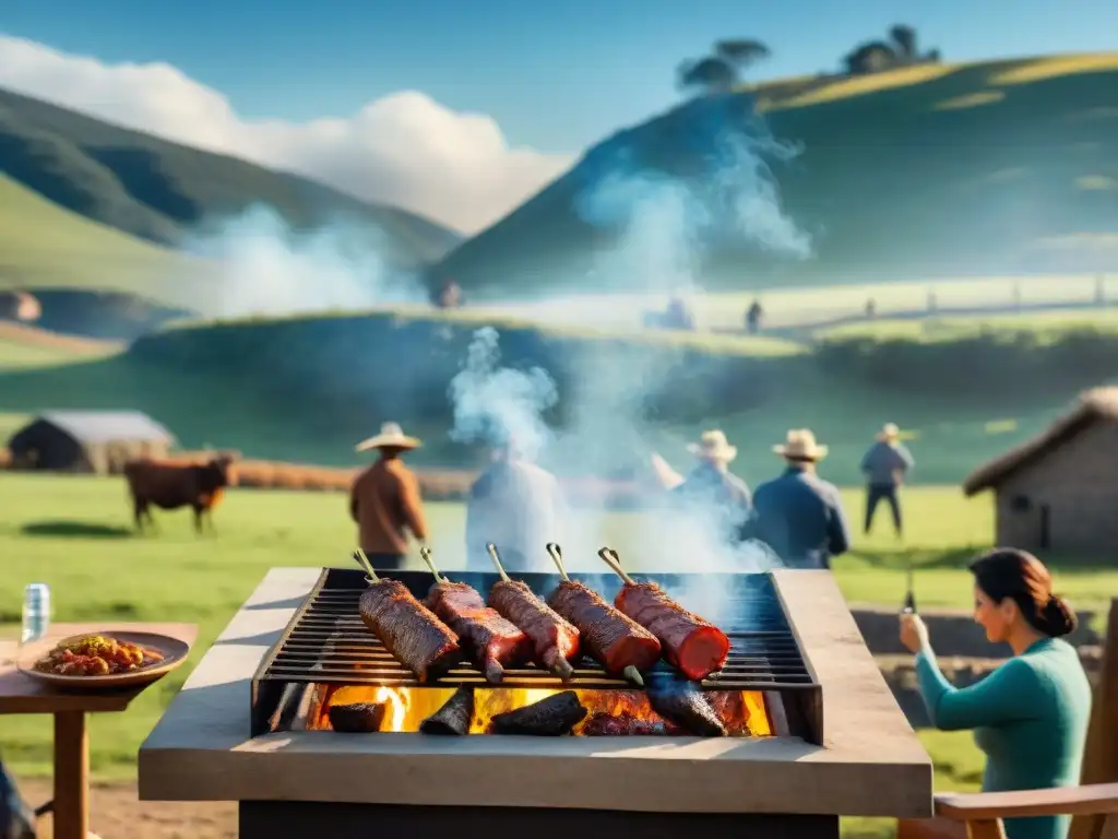 Celebración de la tradición del asado uruguayo: amigos disfrutando de un asado en el campo, con carne chisporroteante a la parrilla