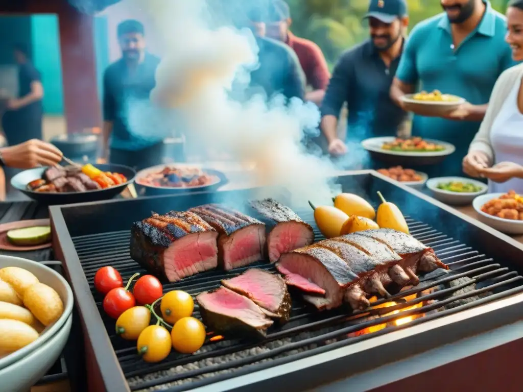 Celebración de un asado uruguayo, amigos y familia disfrutan de una parrillada al aire libre