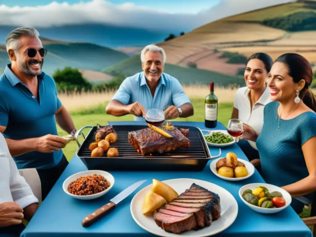 Celebración de asado uruguayo con amigos y familiares en el campo