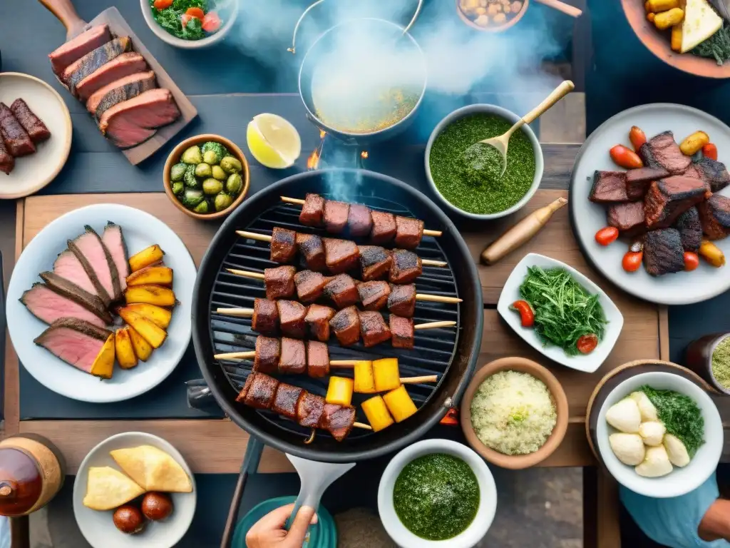 Celebración de la tradición asado uruguayo en el campo con amigos y familia alrededor de una parrilla