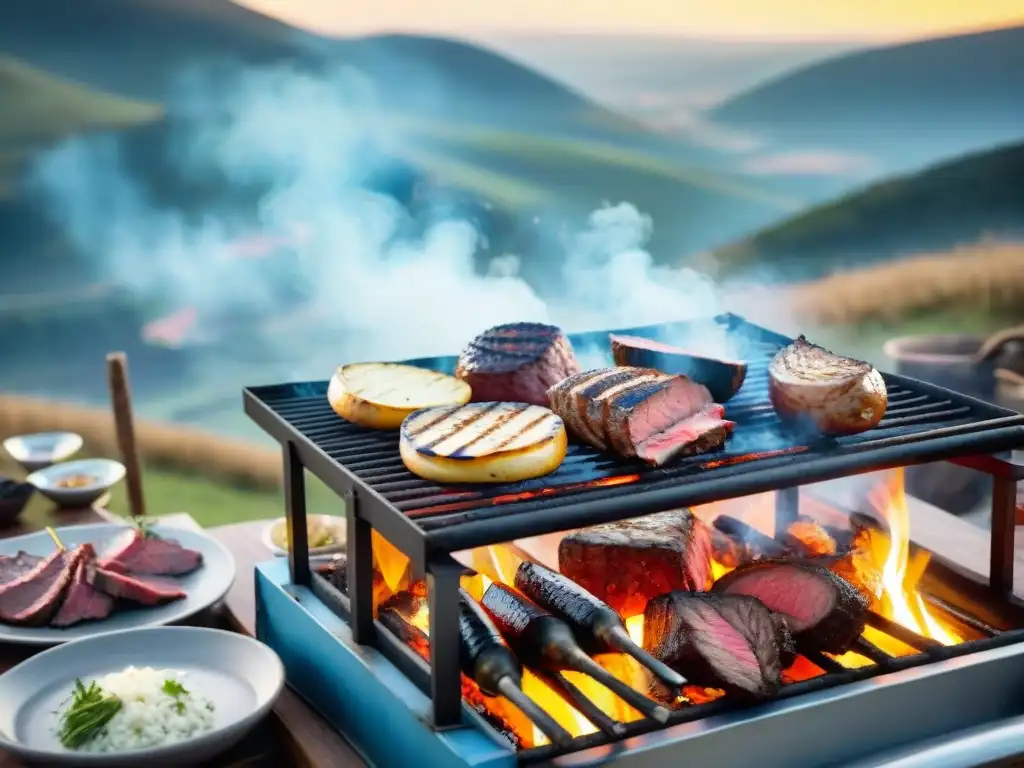 Celebración de un asado uruguayo en eventos, con una parrilla grande, carnes sizzling y gente disfrutando en el campo