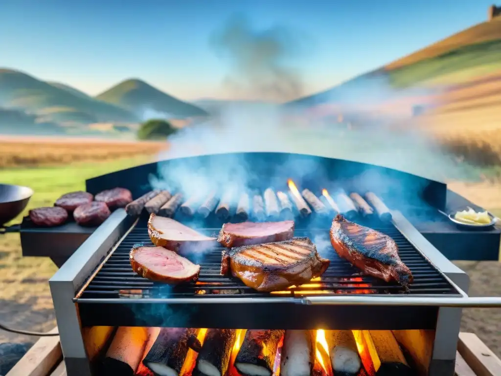 Celebración de un asado uruguayo en eventos: parrilla rústica, carne al fuego, personas y campo