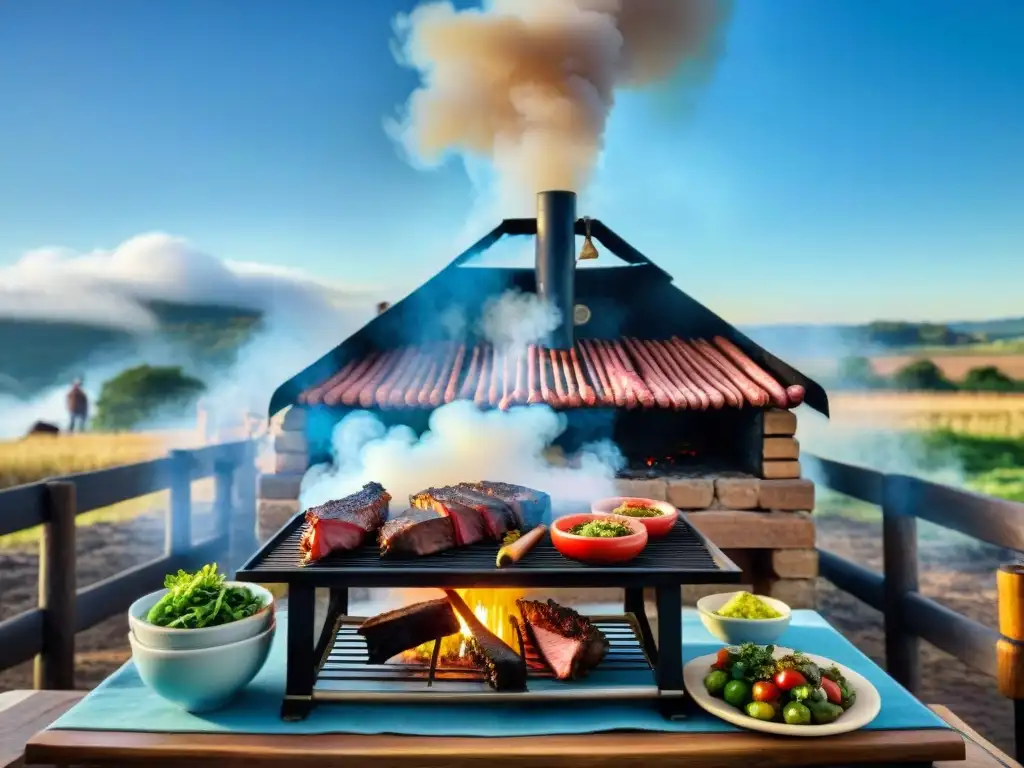 Celebración de un asado uruguayo: gauchos junto a una parrilla con carne, bajo el cielo azul