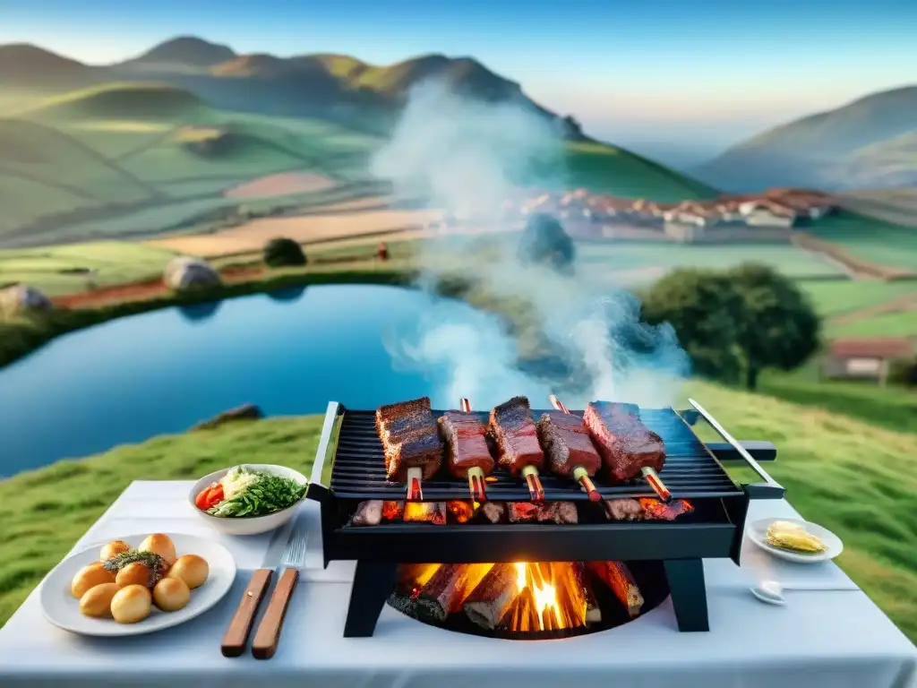 Celebración de un asado uruguayo con técnicas de asado uruguayo tradicionales, rodeado de amigos y familia en el campo