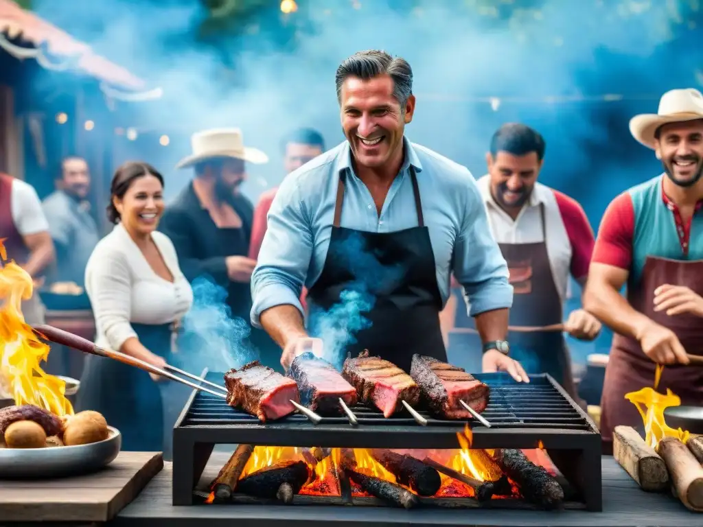 Celebración de asado uruguayo con técnicas tradicionales