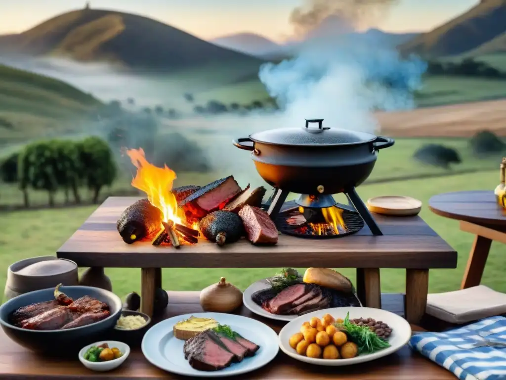 Una celebración del asado uruguayo tradicional en un entorno campestre, con amigos y familia disfrutando de la comida