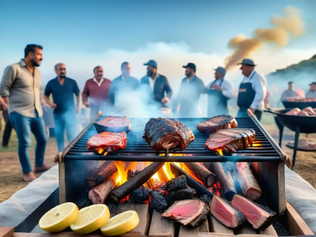 Celebración comunitaria alrededor de un asado uruguayo, reflejando historia, tradición y técnicas culinarias