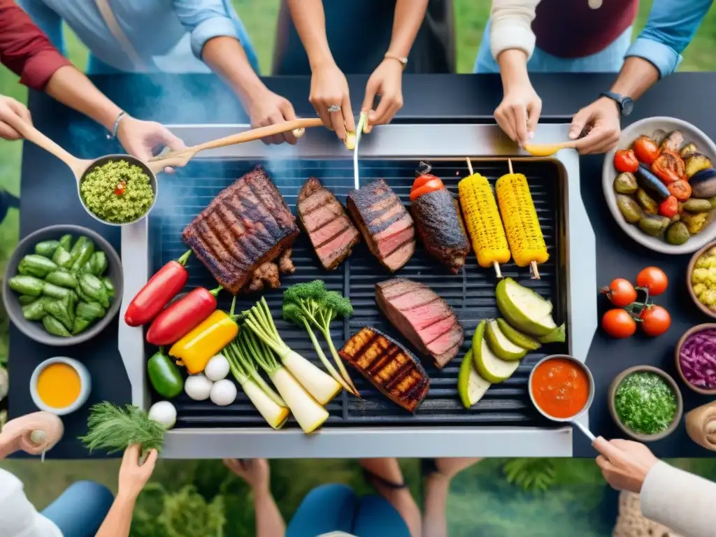 Celebración de la diversidad en un asado uruguayo vegetariano con amigos y familiares disfrutando juntos