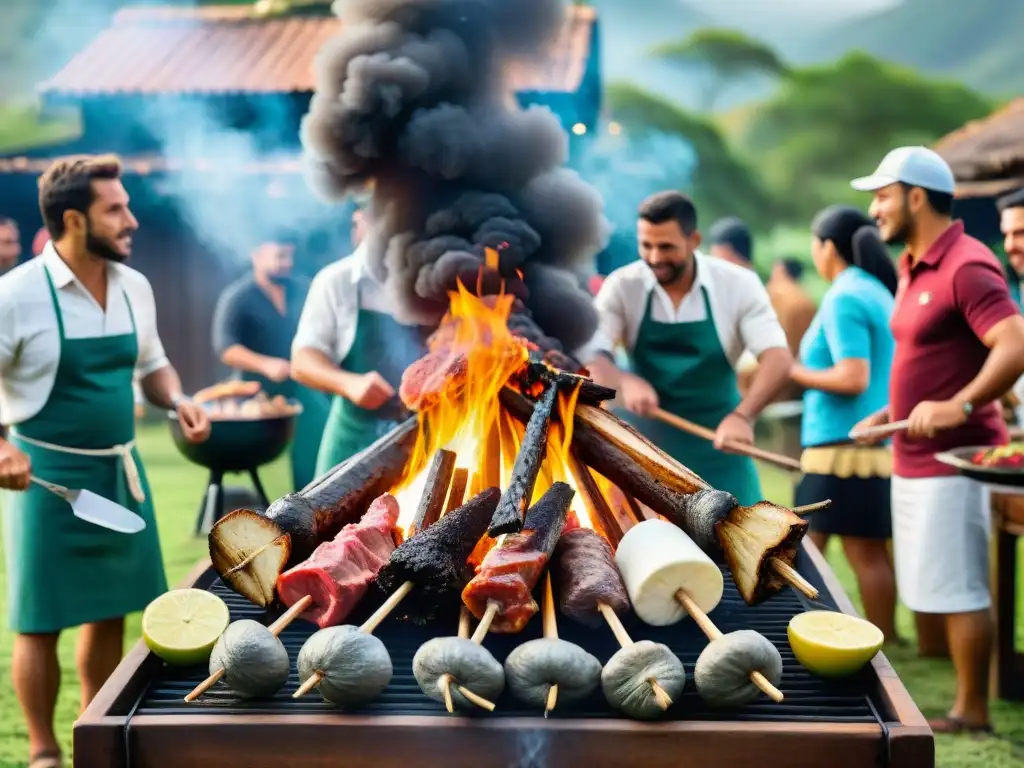 Celebración de diversidad cultural en un asado uruguayo con gente de distintas culturas alrededor de la parrilla