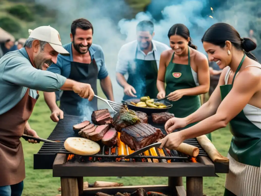 Celebración de la Historia del asado uruguayo: gente alegre alrededor de una parrilla cargada de carne en una escena campestre pintoresca