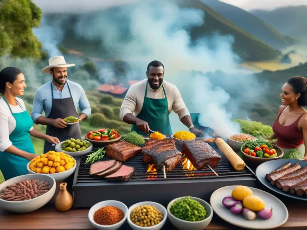 Celebración de la influencia africana en asado uruguayo con un festivo grupo alrededor de la parrilla