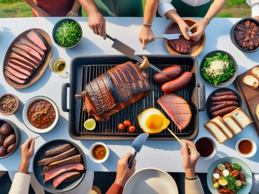 Celebración de la influencia italiana en asado uruguayo: parrilla repleta de carnes, mesa con ensaladas y vino, paisaje campestre al atardecer