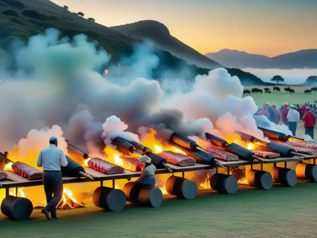 Una celebración tradicional de asado en un festival al aire libre en Uruguay, con gauchos preparando carne a la parrilla