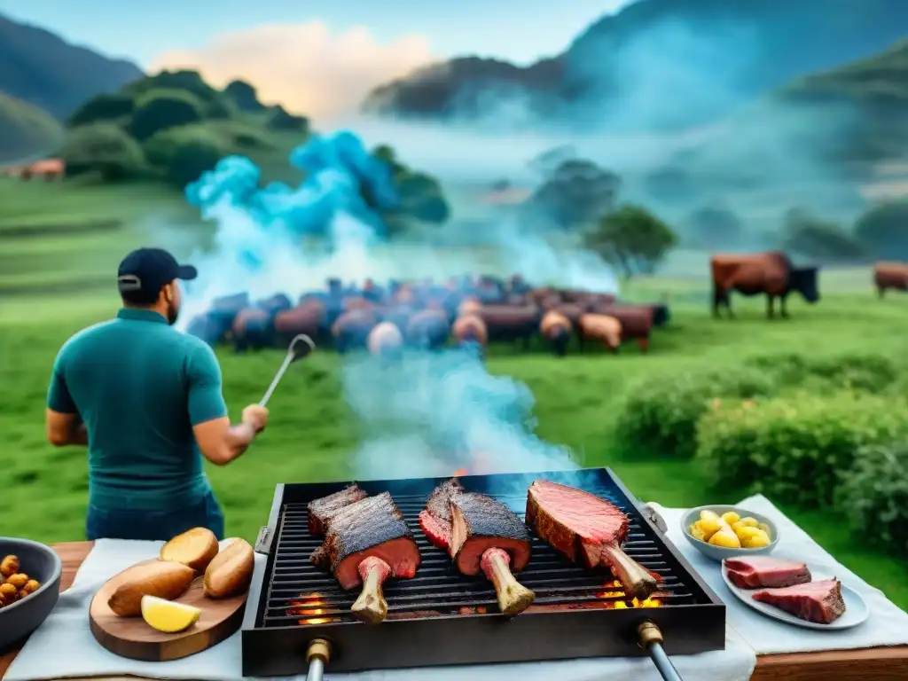 Celebración de un tradicional asado uruguayo en el campo, con amigos y familia disfrutando de la comida bajo cielo azul