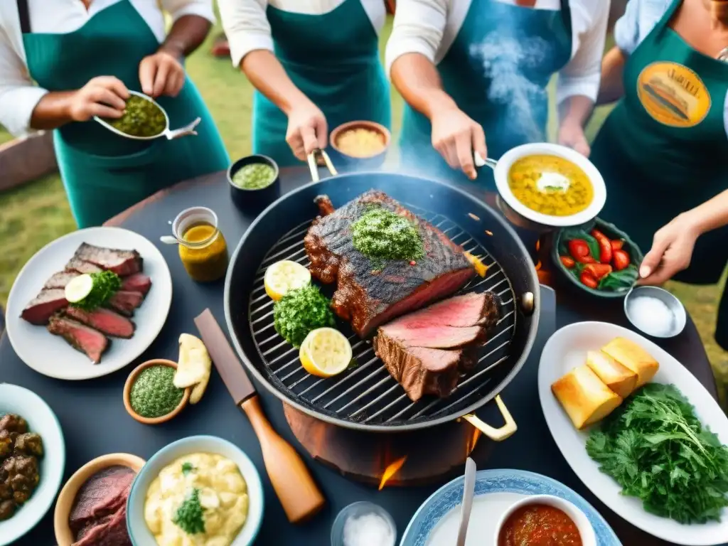 Una celebración tradicional del asado uruguayo: amigos y familia alrededor de una parrilla con cortes de carne, en un día soleado y festivo