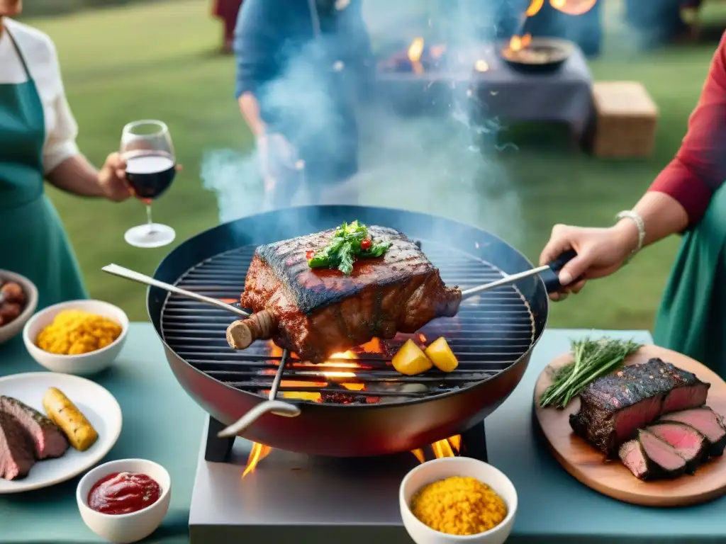 Una cena festiva de asado uruguayo tradicional en un campo exuberante al atardecer