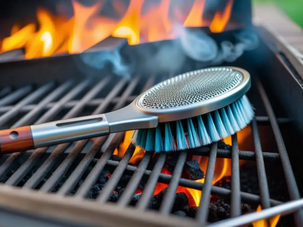 Un cepillo de acero inoxidable cuida la parrilla de alta gama al atardecer