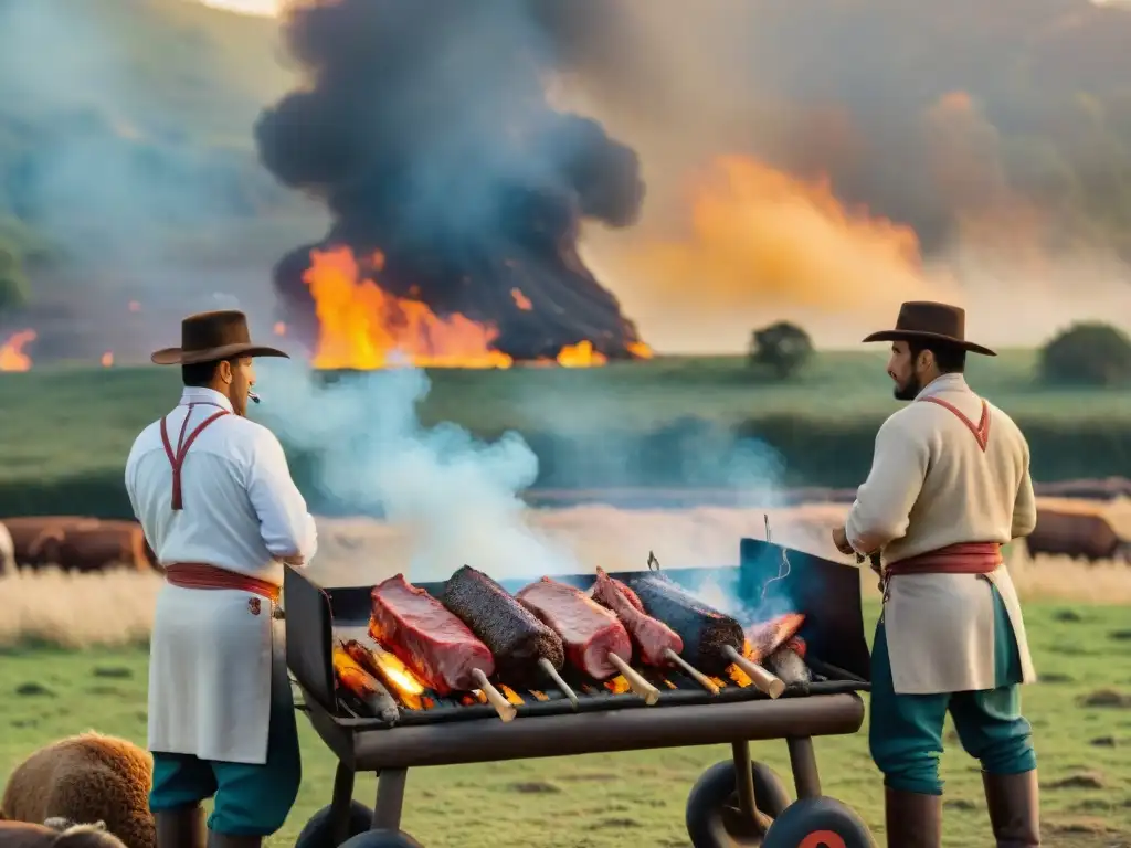 Una ceremonia de certificaciones de asado uruguayo en el campo, con gauchos asando carne a la parrilla al atardecer