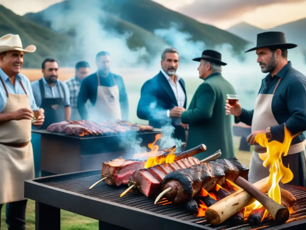 Ceremonia de certificaciones asado uruguayo: maestros asadores rodean una parrilla con cortes de carne sizzling