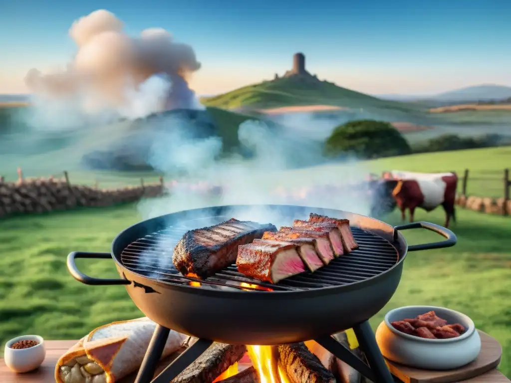 Certificación en asado uruguayo: Paisaje sereno con asado tradicional, colinas verdes y cielo azul