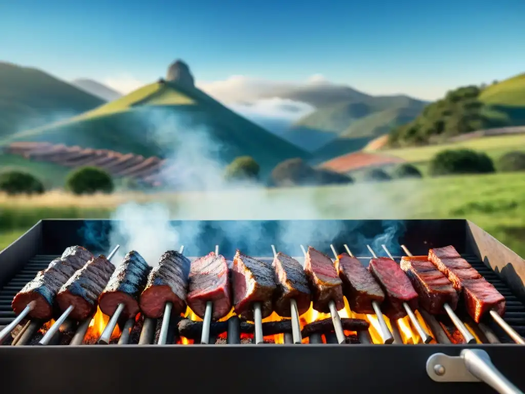 Certificación en asado uruguayo: Parrilla tradicional con cortes de carne jugosa, paisaje campestre y experto asador gaucho