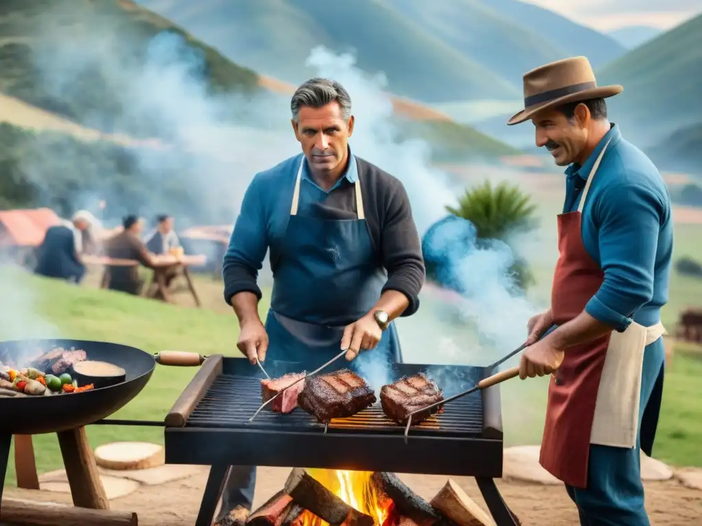 Certificaciones en asado Uruguayo: Maestros asadores expertos preparan cortes de carne sobre fuego en un paisaje campestre pintoresco