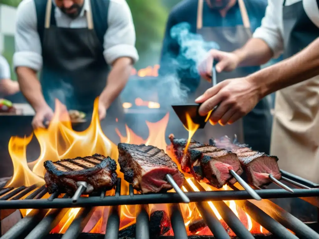 Certificaciones asado uruguayo: Maestros parrilleros expertos asando carne sobre parrillas tradicionales, inmersos en el arte del asado