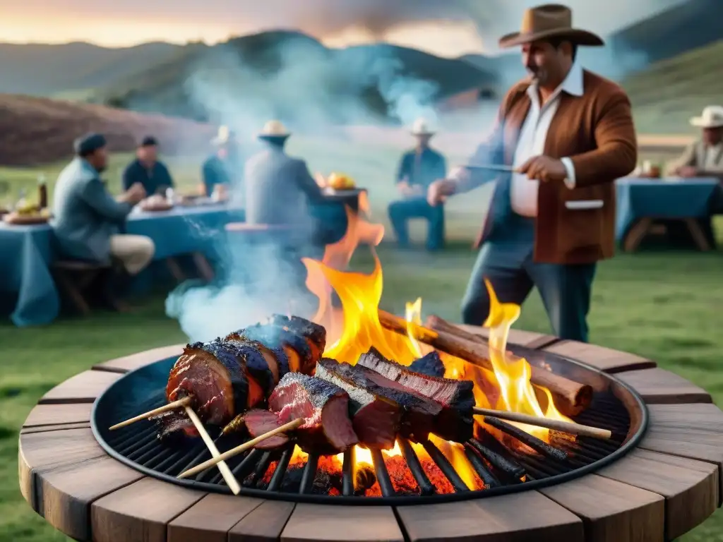 Certificaciones asado uruguayo prestigiosas: Escena campestre con gauchos expertos asando carne alrededor de una fogata al atardecer