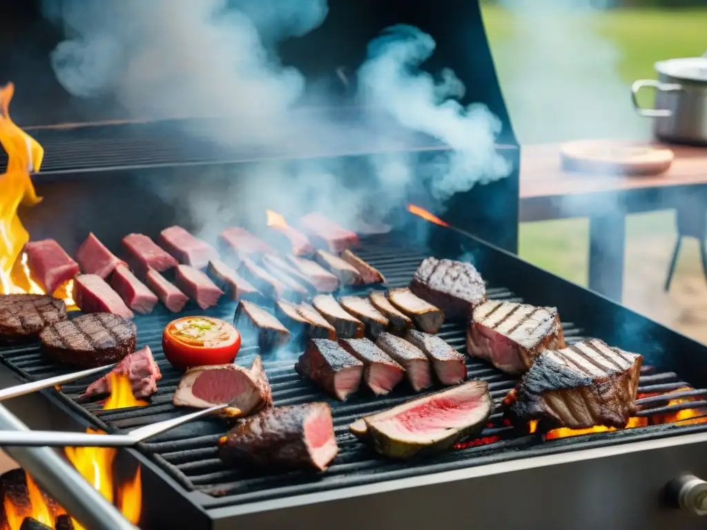 Certificaciones profesionales para asado uruguayo: Chefs expertos asando carne premium en parrilla tradicional al aire libre en día soleado