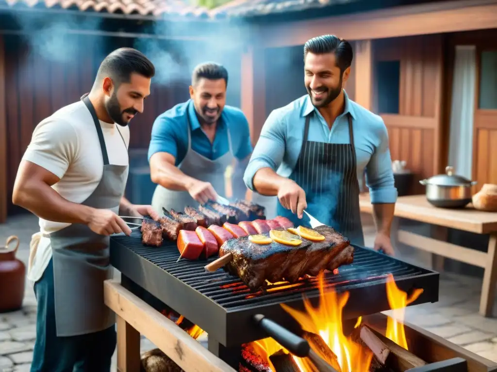 Certificaciones técnicas de asado Uruguay: Asadores expertos en examen alrededor de una parrilla cargada de carne