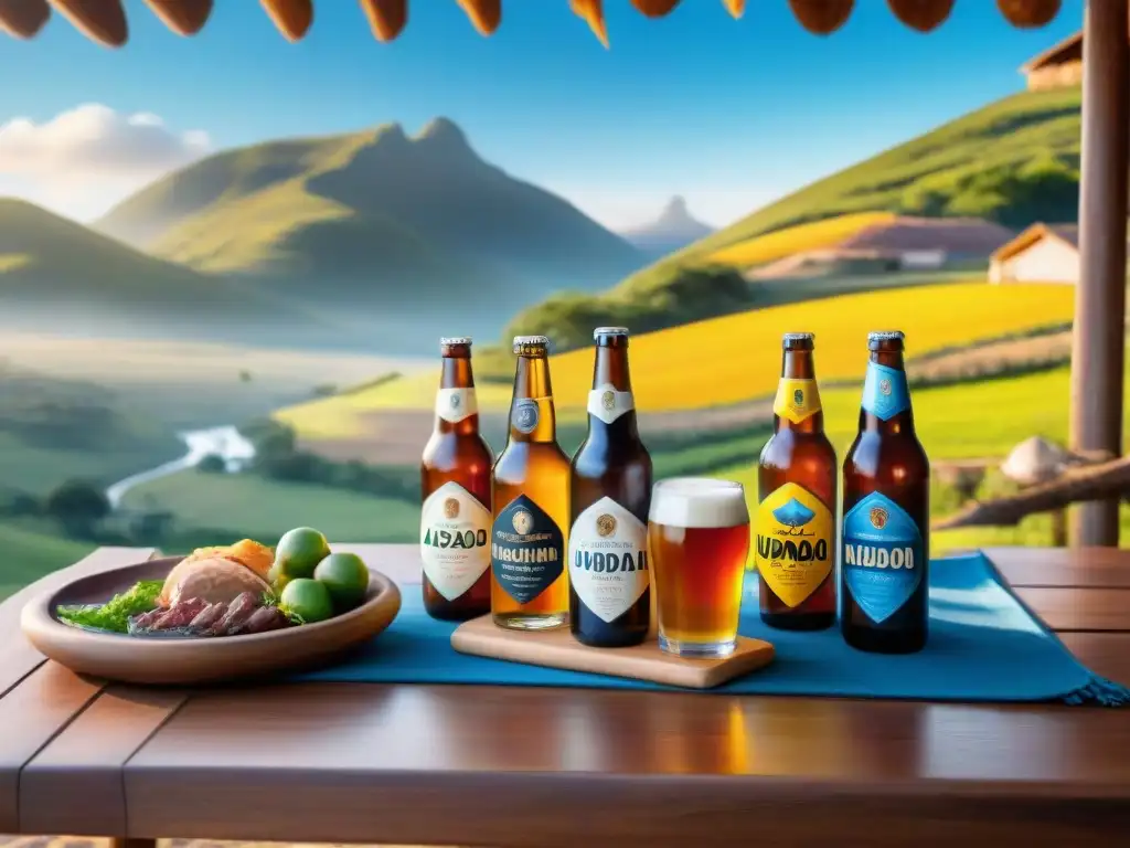 Cervezas artesanales para asado uruguayo en mesa rústica con vista campestre y granja al fondo