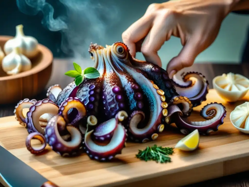 Un chef preparando ajo y pulpo para la receta de Pulpo a la Parrilla, evocando arte culinario