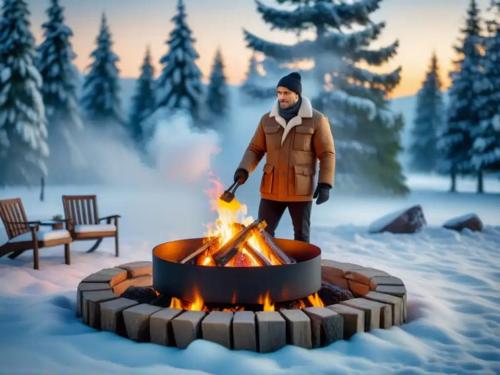 Chef preparando un asado en un paisaje invernal nevado, con fuego crepitante