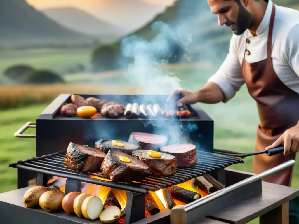 Chef preparando un asado uruguayo sobre parrilla rústica en campo verde al atardecer